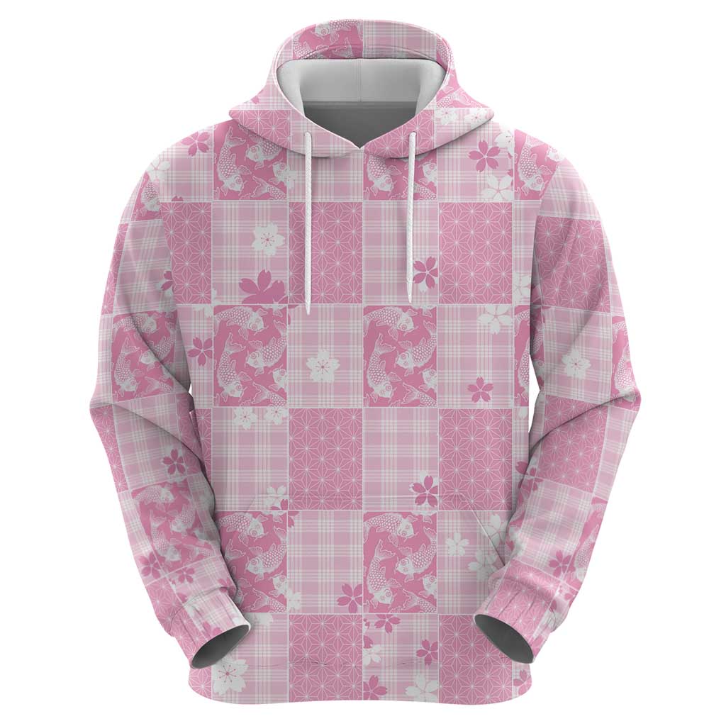 Pink Palaka Japanese Patterns Hoodie Koi Fish Asanoha Sakura Patchwork Stylized - Polynesian Pride