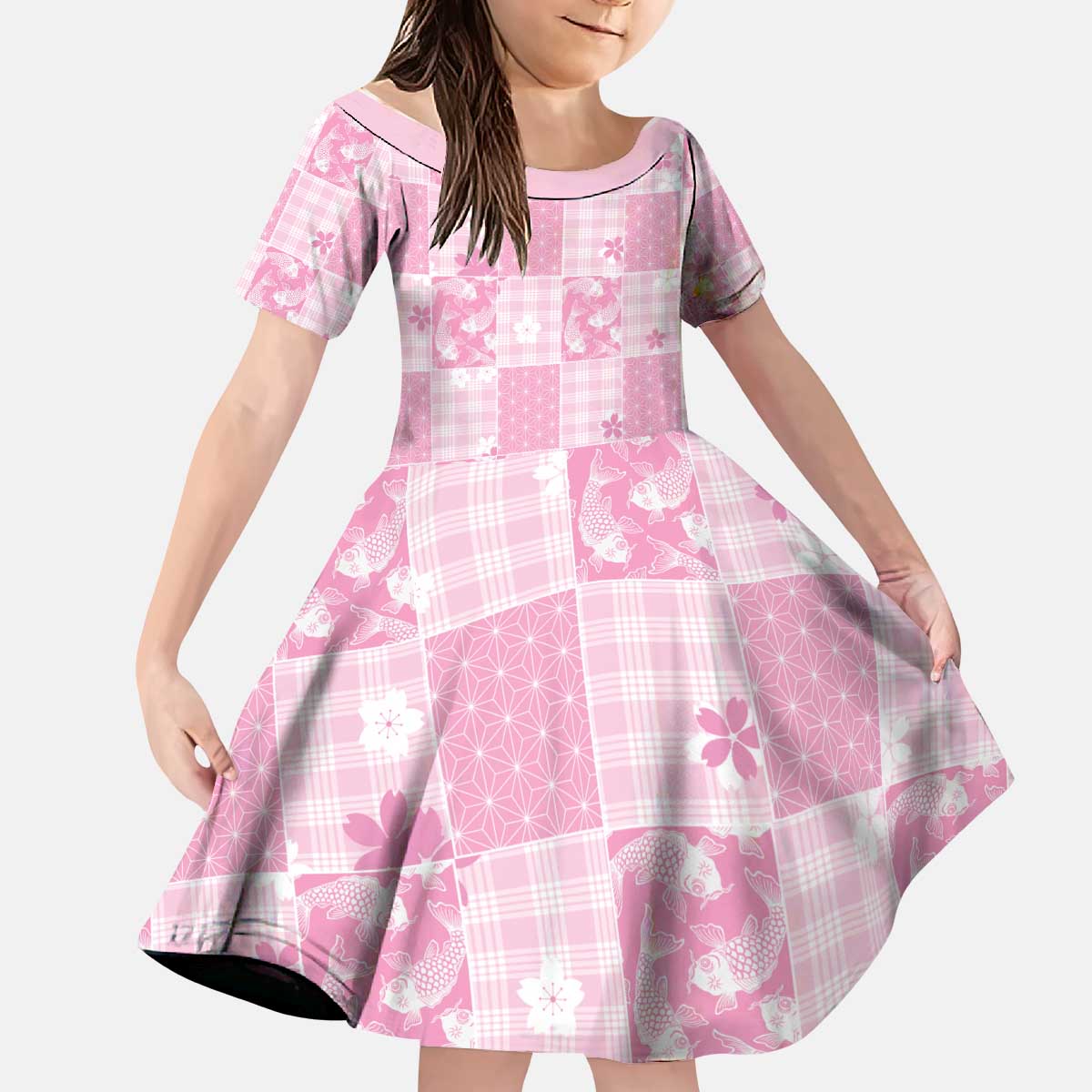 Pink Palaka Japanese Patterns Kid Short Sleeve Dress Koi Fish Asanoha Sakura Patchwork Stylized - Polynesian Pride