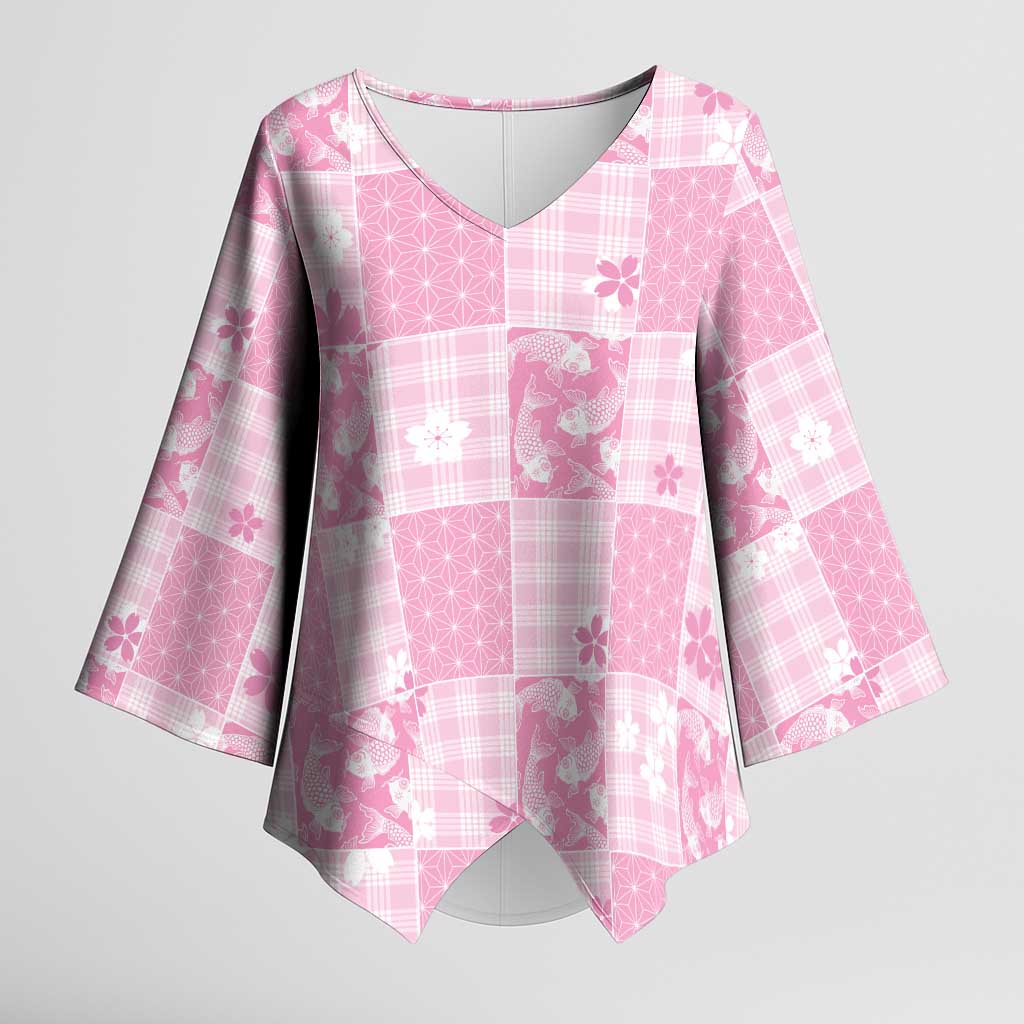 Pink Palaka Japanese Patterns Kimono Sleeve Blouse Koi Fish Asanoha Sakura Patchwork Stylized LT14 Female Pink - Polynesian Pride