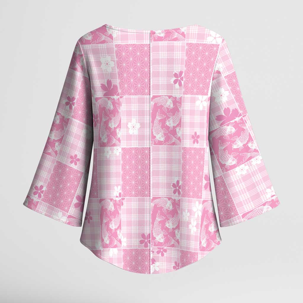 Pink Palaka Japanese Patterns Kimono Sleeve Blouse Koi Fish Asanoha Sakura Patchwork Stylized LT14 - Polynesian Pride