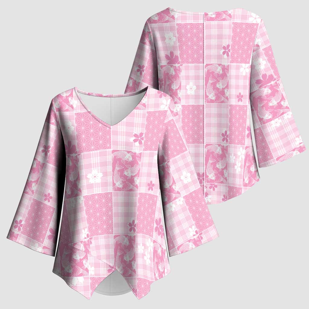 Pink Palaka Japanese Patterns Kimono Sleeve Blouse Koi Fish Asanoha Sakura Patchwork Stylized LT14 - Polynesian Pride