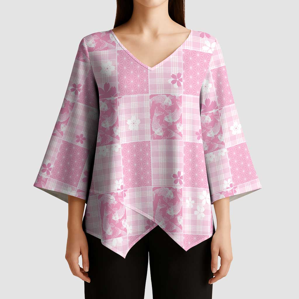 Pink Palaka Japanese Patterns Kimono Sleeve Blouse Koi Fish Asanoha Sakura Patchwork Stylized LT14 - Polynesian Pride