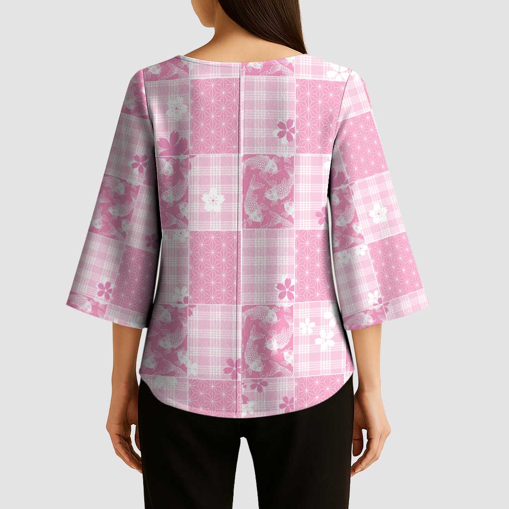 Pink Palaka Japanese Patterns Kimono Sleeve Blouse Koi Fish Asanoha Sakura Patchwork Stylized LT14 - Polynesian Pride