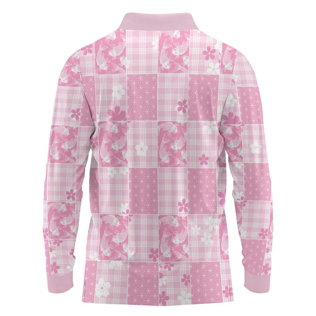 Pink Palaka Japanese Patterns Long Sleeve Polo Shirt Koi Fish Asanoha Sakura Patchwork Stylized LT14 - Polynesian Pride
