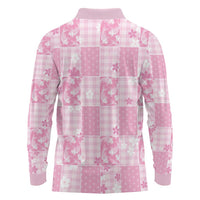 Pink Palaka Japanese Patterns Long Sleeve Polo Shirt Koi Fish Asanoha Sakura Patchwork Stylized LT14 - Polynesian Pride