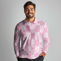Pink Palaka Japanese Patterns Long Sleeve Polo Shirt Koi Fish Asanoha Sakura Patchwork Stylized LT14 - Polynesian Pride