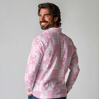 Pink Palaka Japanese Patterns Long Sleeve Polo Shirt Koi Fish Asanoha Sakura Patchwork Stylized LT14 - Polynesian Pride