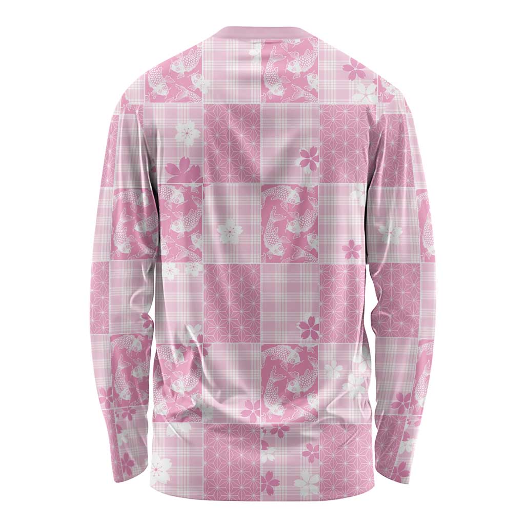Pink Palaka Japanese Patterns Long Sleeve Shirt Koi Fish Asanoha Sakura Patchwork Stylized LT14 - Polynesian Pride