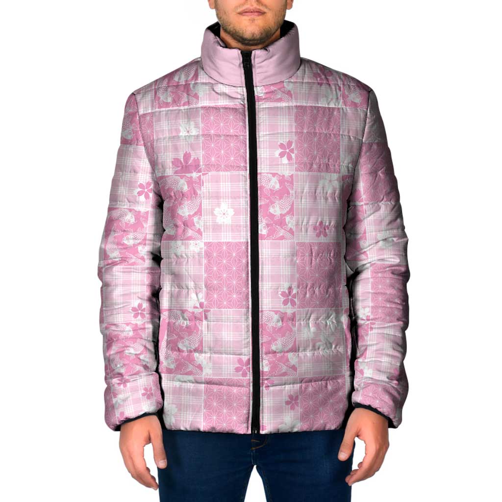 Pink Palaka Japanese Patterns Padded Jacket Koi Fish Asanoha Sakura Patchwork Stylized LT14 Men Pink - Polynesian Pride