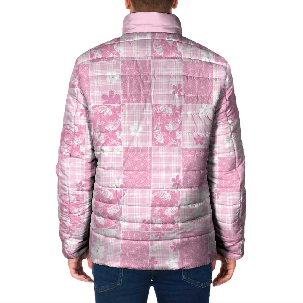 Pink Palaka Japanese Patterns Padded Jacket Koi Fish Asanoha Sakura Patchwork Stylized LT14 - Polynesian Pride