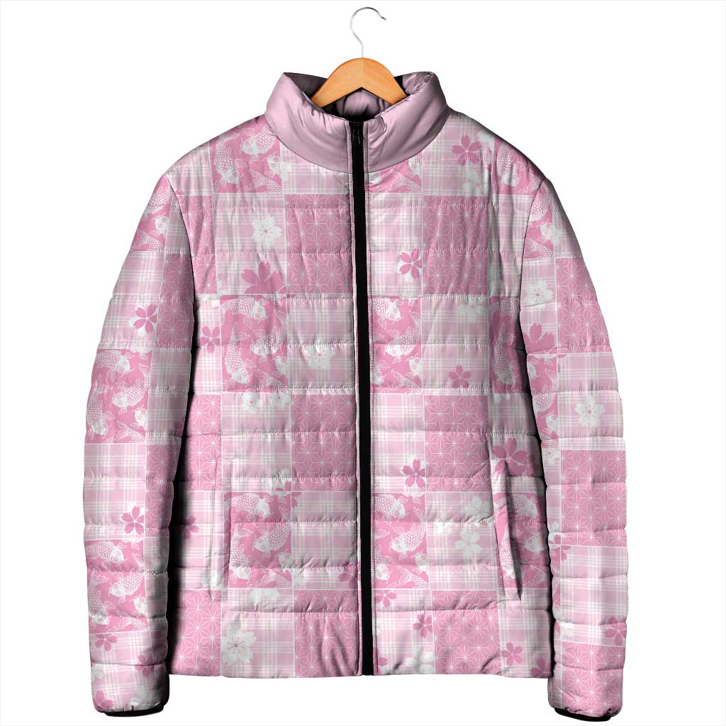 Pink Palaka Japanese Patterns Padded Jacket Koi Fish Asanoha Sakura Patchwork Stylized LT14 - Polynesian Pride