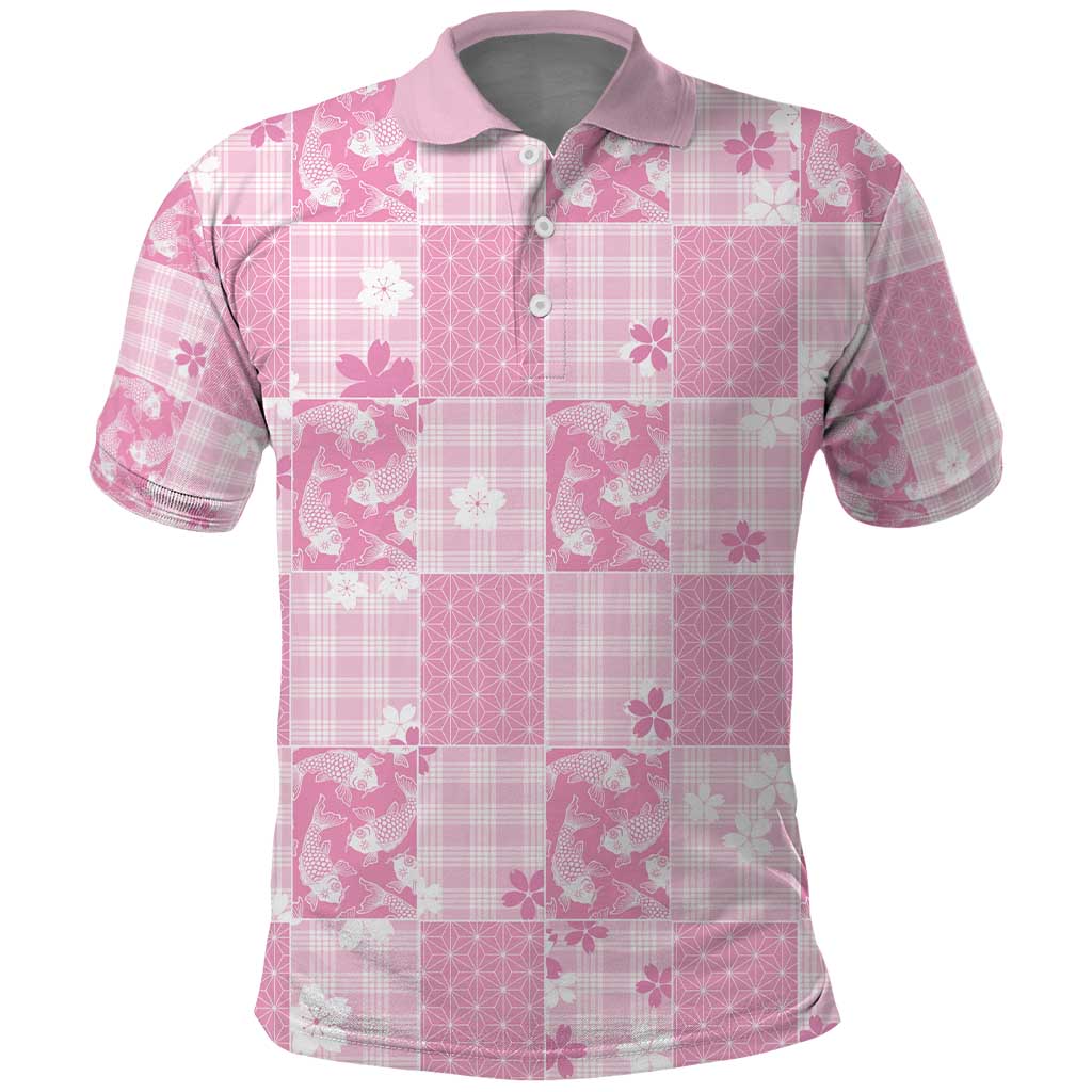 Pink Palaka Japanese Patterns Polo Shirt Koi Fish Asanoha Sakura Patchwork Stylized - Polynesian Pride
