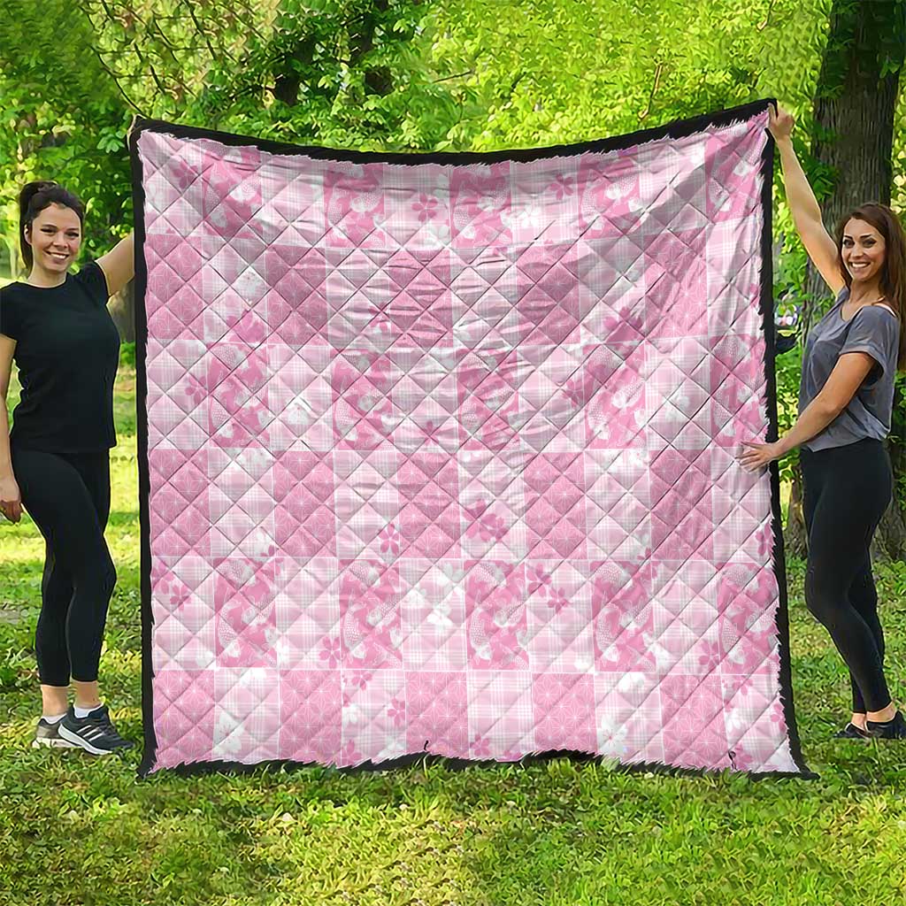 Pink Palaka Japanese Patterns Quilt Koi Fish Asanoha Sakura Patchwork Stylized - Polynesian Pride