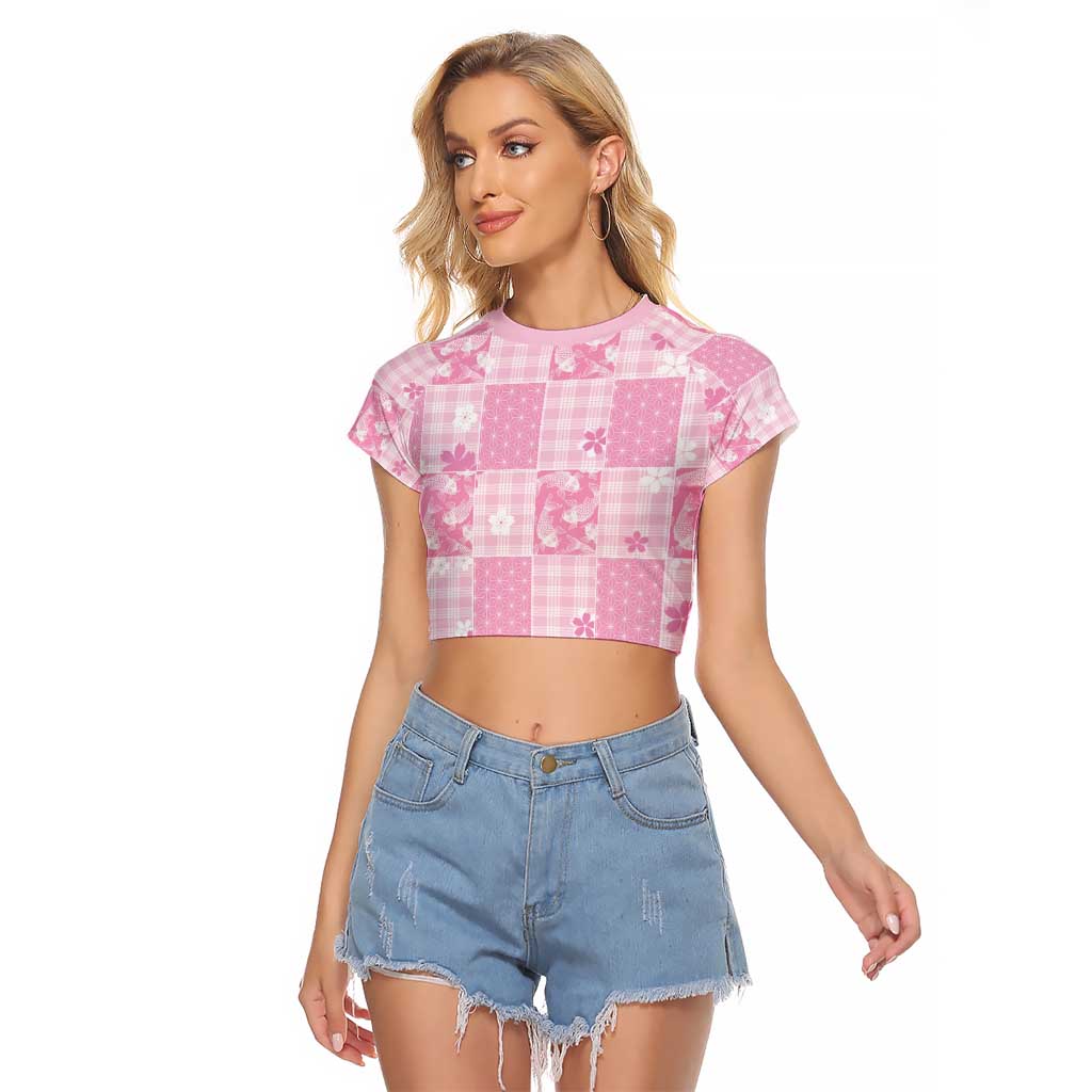 Pink Palaka Japanese Patterns Raglan Cropped T Shirt Koi Fish Asanoha Sakura Patchwork Stylized - Polynesian Pride