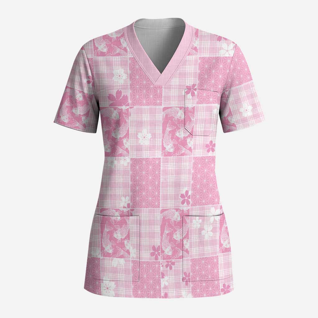 Pink Palaka Japanese Patterns Scrub Top Koi Fish Asanoha Sakura Patchwork Stylized - Polynesian Pride