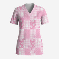 Pink Palaka Japanese Patterns Scrub Top Koi Fish Asanoha Sakura Patchwork Stylized - Polynesian Pride