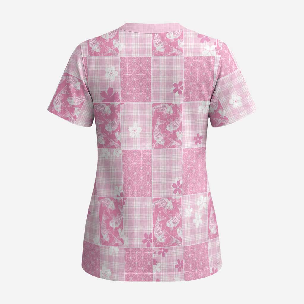 Pink Palaka Japanese Patterns Scrub Top Koi Fish Asanoha Sakura Patchwork Stylized - Polynesian Pride