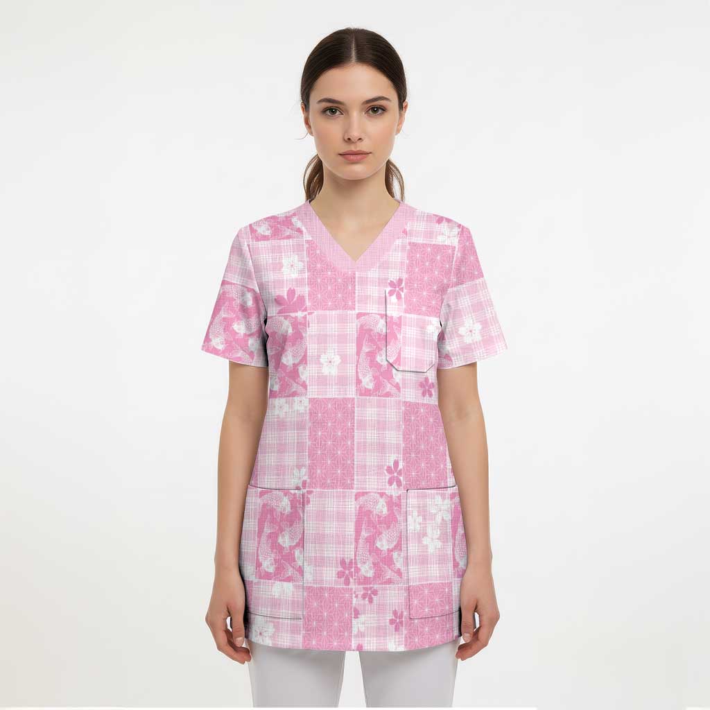 Pink Palaka Japanese Patterns Scrub Top Koi Fish Asanoha Sakura Patchwork Stylized - Polynesian Pride