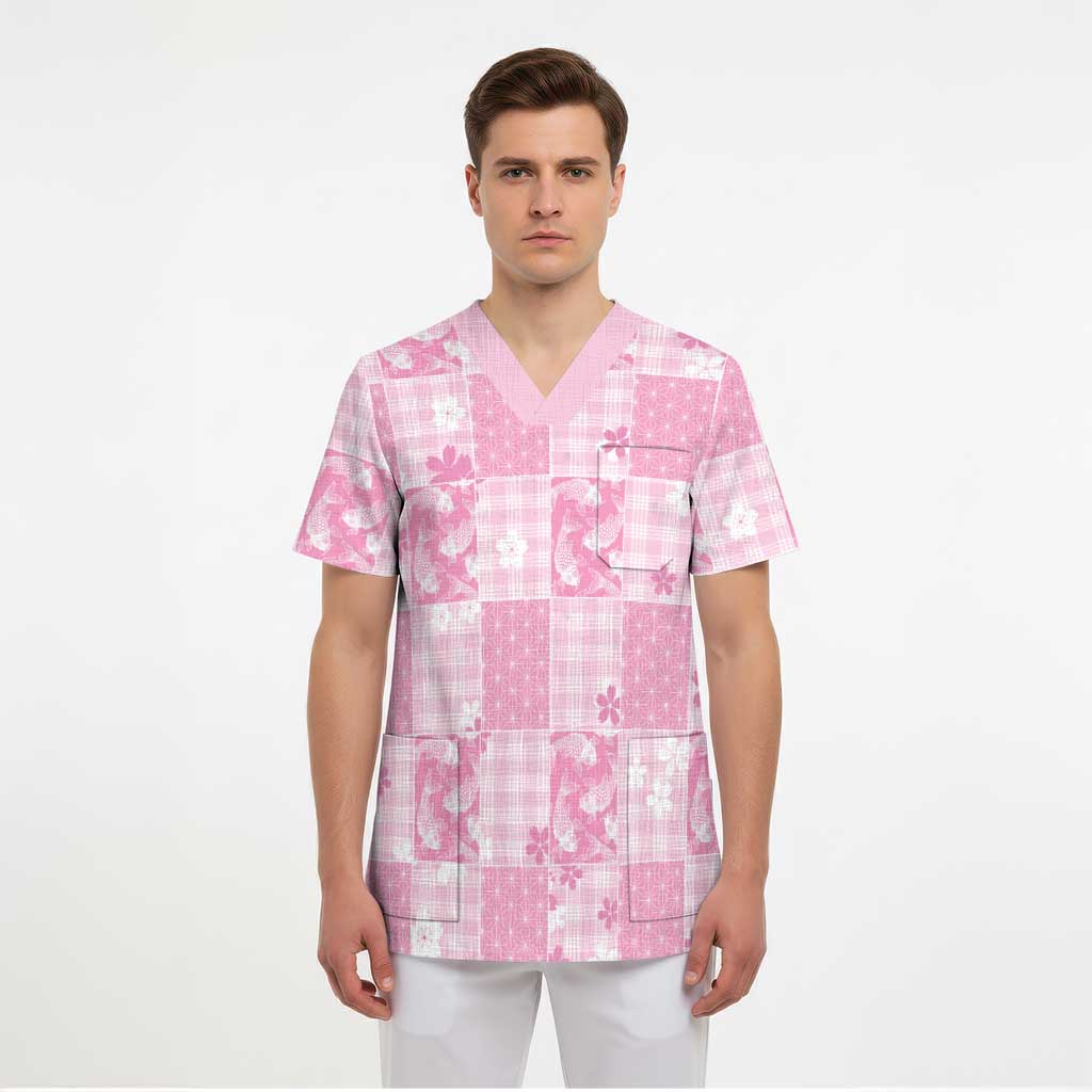 Pink Palaka Japanese Patterns Scrub Top Koi Fish Asanoha Sakura Patchwork Stylized - Polynesian Pride
