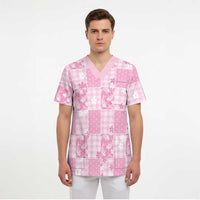 Pink Palaka Japanese Patterns Scrub Top Koi Fish Asanoha Sakura Patchwork Stylized - Polynesian Pride