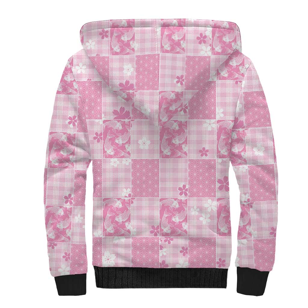 Pink Palaka Japanese Patterns Sherpa Hoodie Koi Fish Asanoha Sakura Patchwork Stylized LT14 - Polynesian Pride