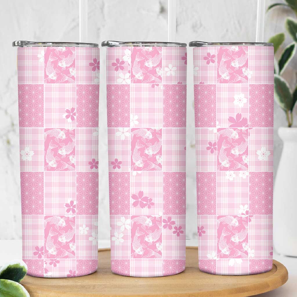 Pink Palaka Japanese Patterns Skinny Tumbler Koi Fish Asanoha Sakura Patchwork Stylized - Polynesian Pride