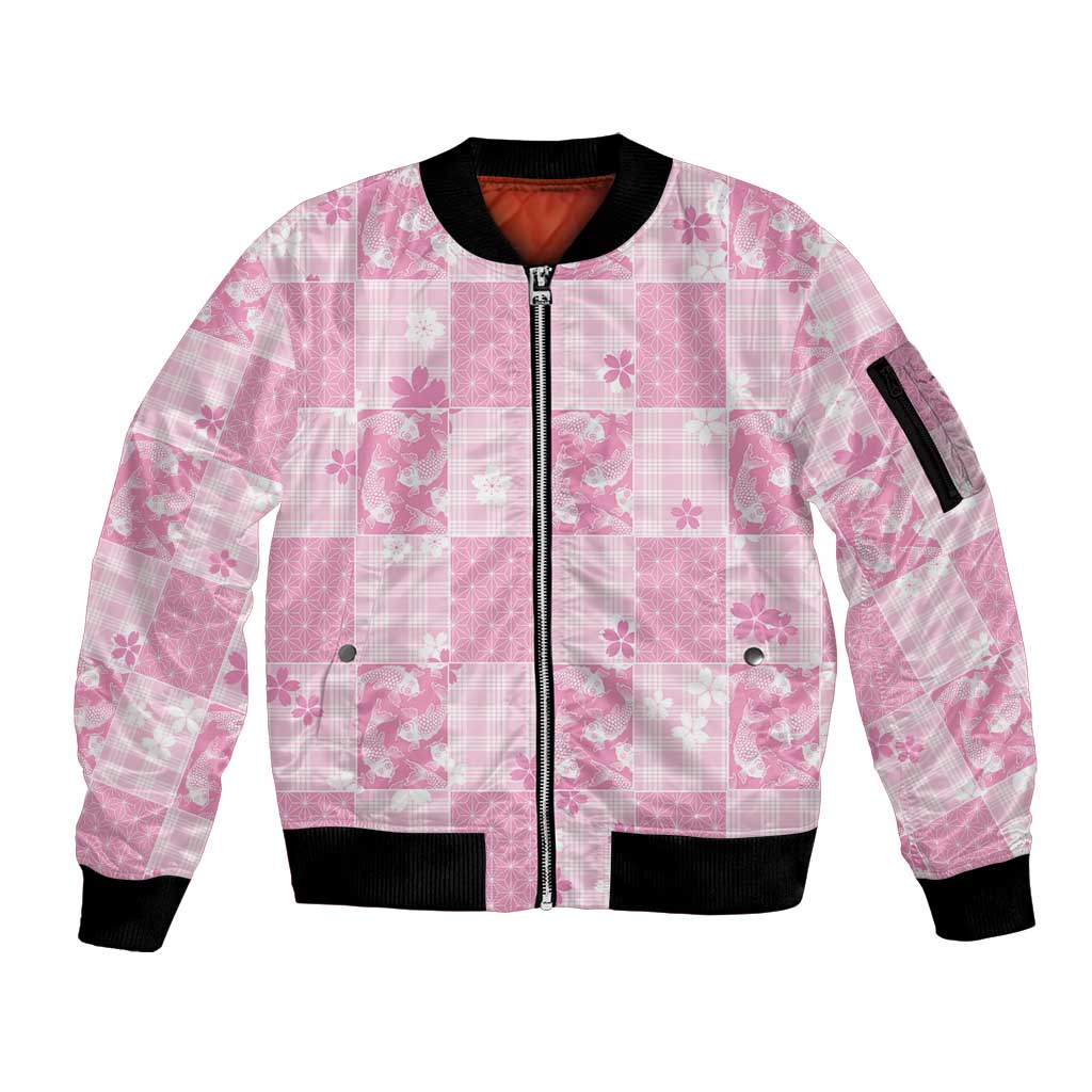 Pink Palaka Japanese Patterns Sleeve Zip Bomber Jacket Koi Fish Asanoha Sakura Patchwork Stylized - Polynesian Pride