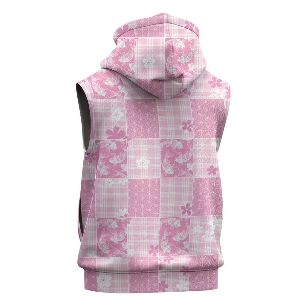Pink Palaka Japanese Patterns Sleeveless Hoodie Koi Fish Asanoha Sakura Patchwork Stylized LT14 - Polynesian Pride