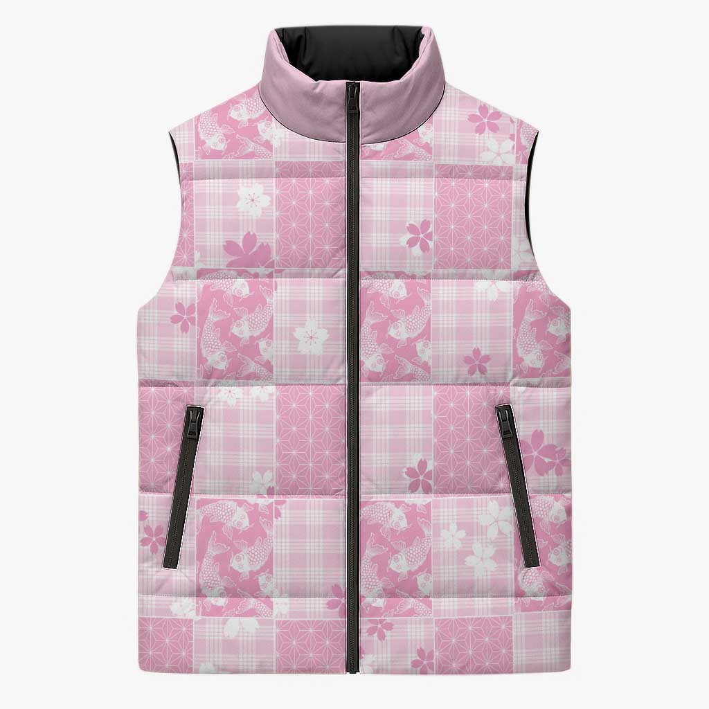 Pink Palaka Japanese Patterns Sleeveless Puffer Jacket Koi Fish Asanoha Sakura Patchwork Stylized LT14 Unisex Pink - Polynesian Pride