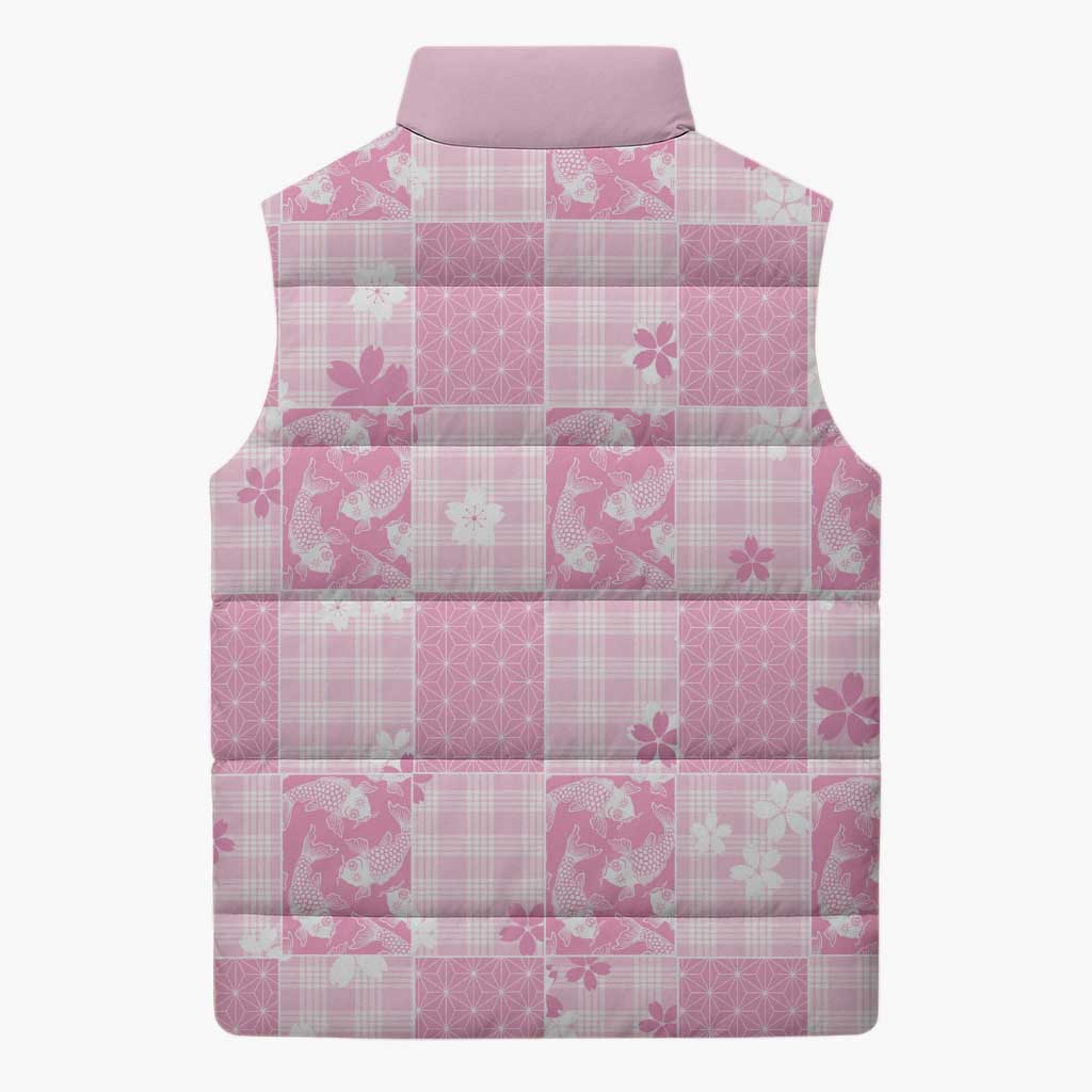 Pink Palaka Japanese Patterns Sleeveless Puffer Jacket Koi Fish Asanoha Sakura Patchwork Stylized LT14 - Polynesian Pride