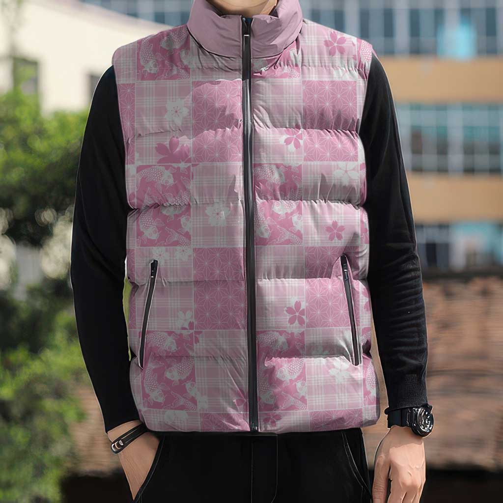 Pink Palaka Japanese Patterns Sleeveless Puffer Jacket Koi Fish Asanoha Sakura Patchwork Stylized LT14 - Polynesian Pride