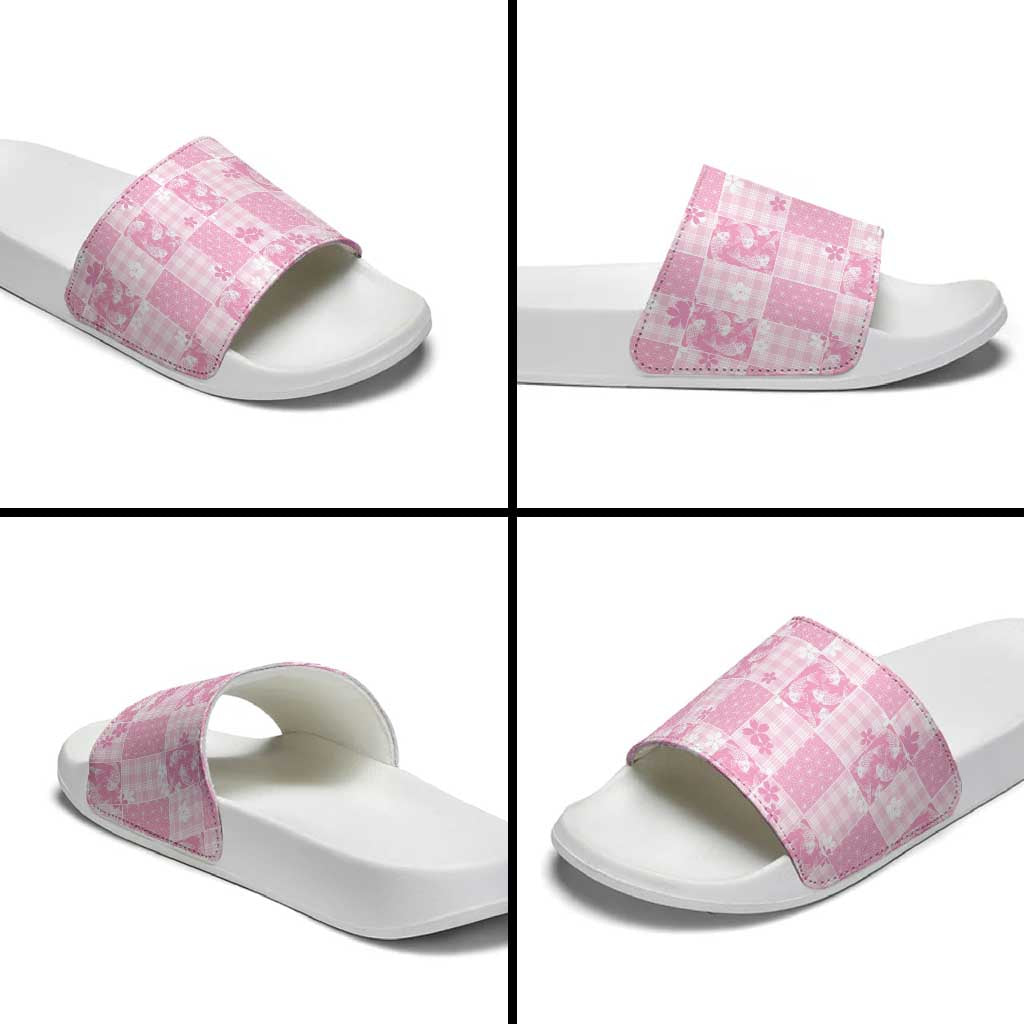 Pink Palaka Japanese Patterns Slide Sandals Koi Fish Asanoha Sakura Patchwork Stylized - Polynesian Pride