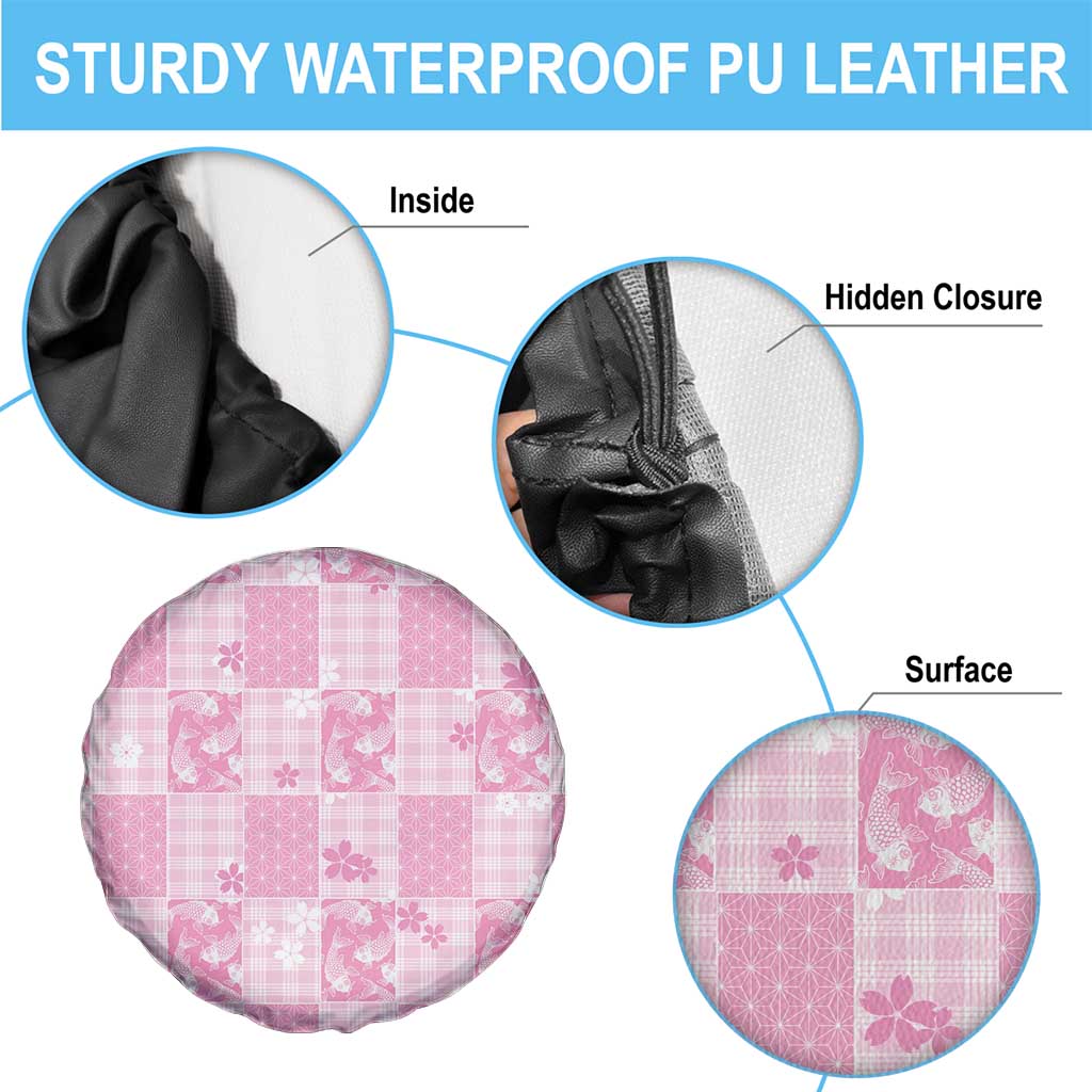Pink Palaka Japanese Patterns Spare Tire Cover Koi Fish Asanoha Sakura Patchwork Stylized - Polynesian Pride