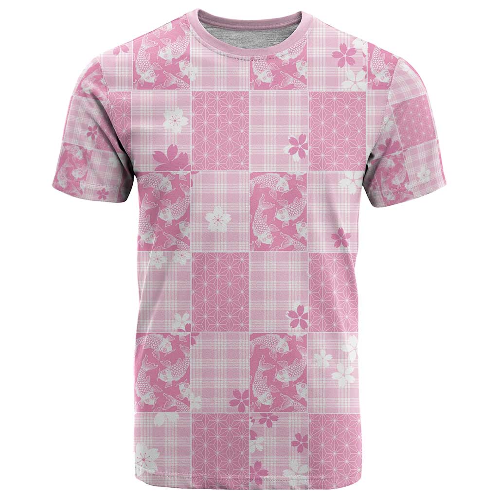 Pink Palaka Japanese Patterns T Shirt Koi Fish Asanoha Sakura Patchwork Stylized - Polynesian Pride