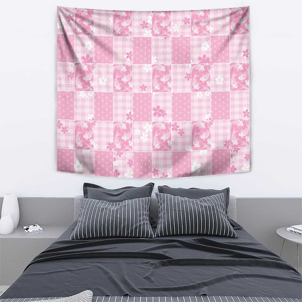 Pink Palaka Japanese Patterns Tapestry Koi Fish Asanoha Sakura Patchwork Stylized - Polynesian Pride