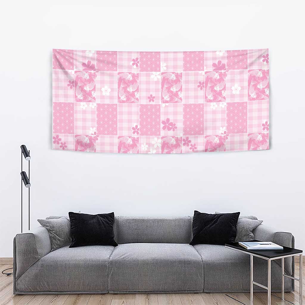 Pink Palaka Japanese Patterns Tapestry Koi Fish Asanoha Sakura Patchwork Stylized - Polynesian Pride