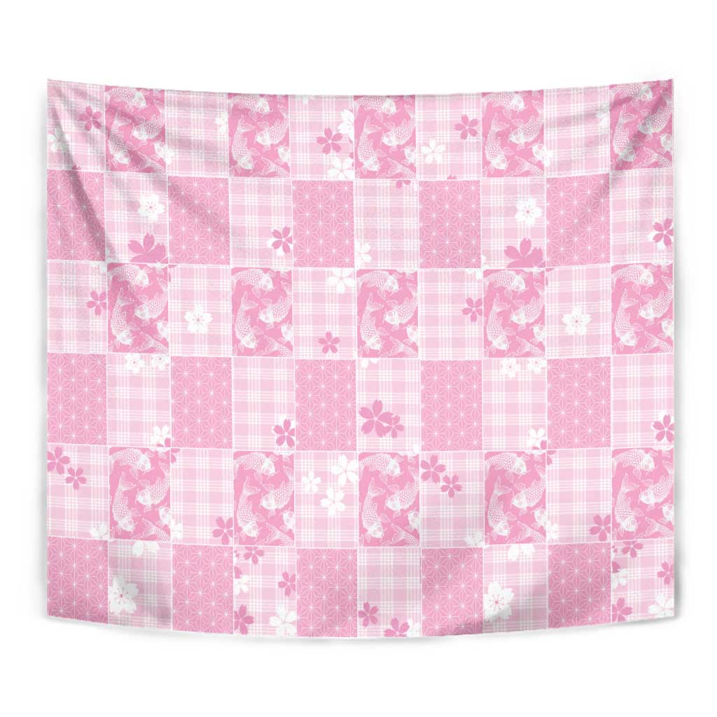 Pink Palaka Japanese Patterns Tapestry Koi Fish Asanoha Sakura Patchwork Stylized - Polynesian Pride