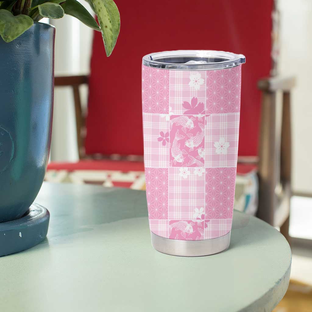Pink Palaka Japanese Patterns Tumbler Cup Koi Fish Asanoha Sakura Patchwork Stylized - Polynesian Pride