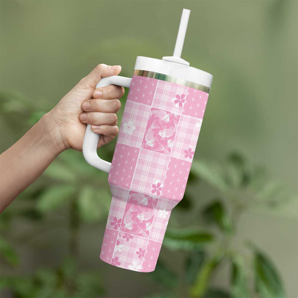Pink Palaka Japanese Patterns Tumbler With Handle Koi Fish Asanoha Sakura Patchwork Stylized - Polynesian Pride