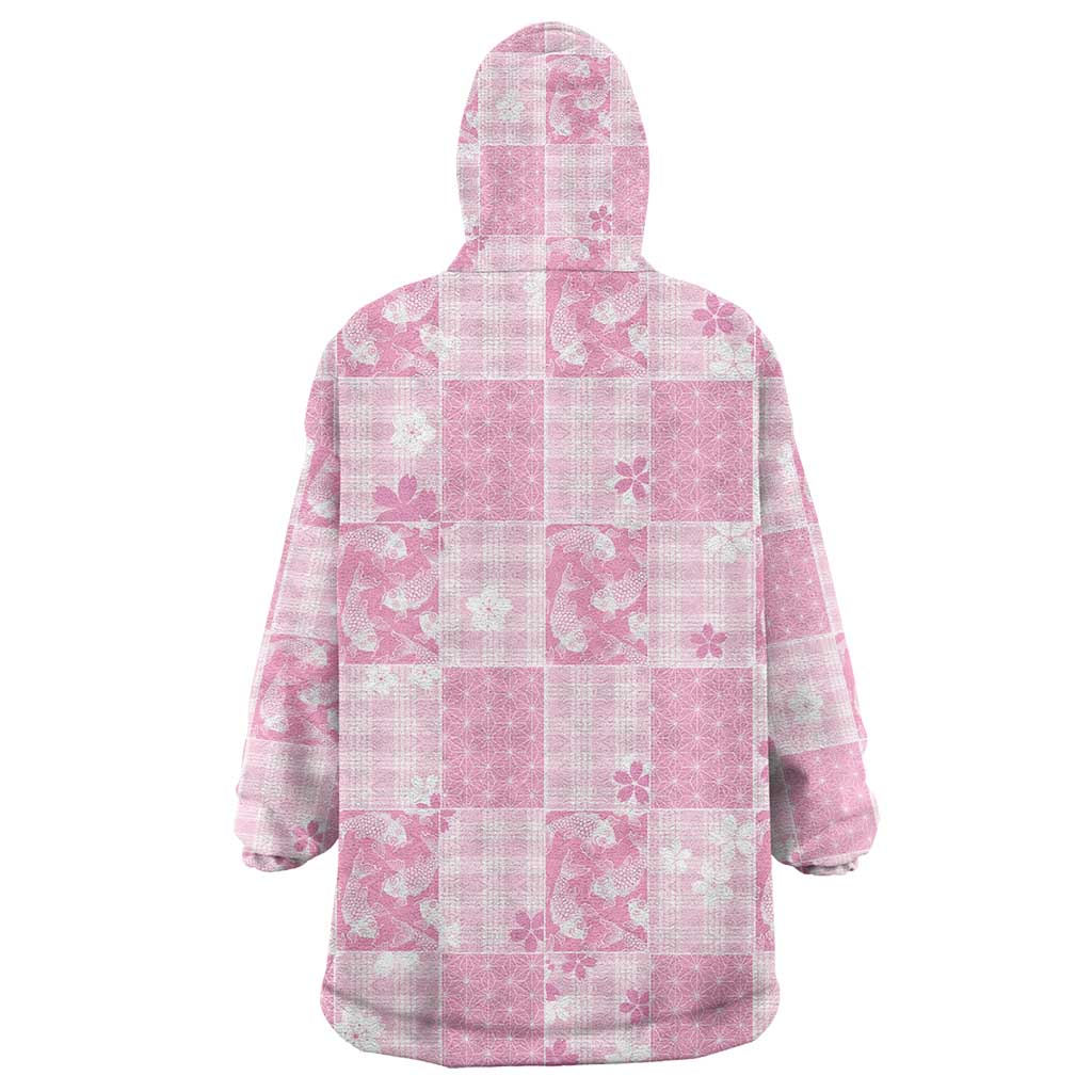 Pink Palaka Japanese Patterns Wearable Blanket Hoodie Koi Fish Asanoha Sakura Patchwork Stylized LT14 - Polynesian Pride