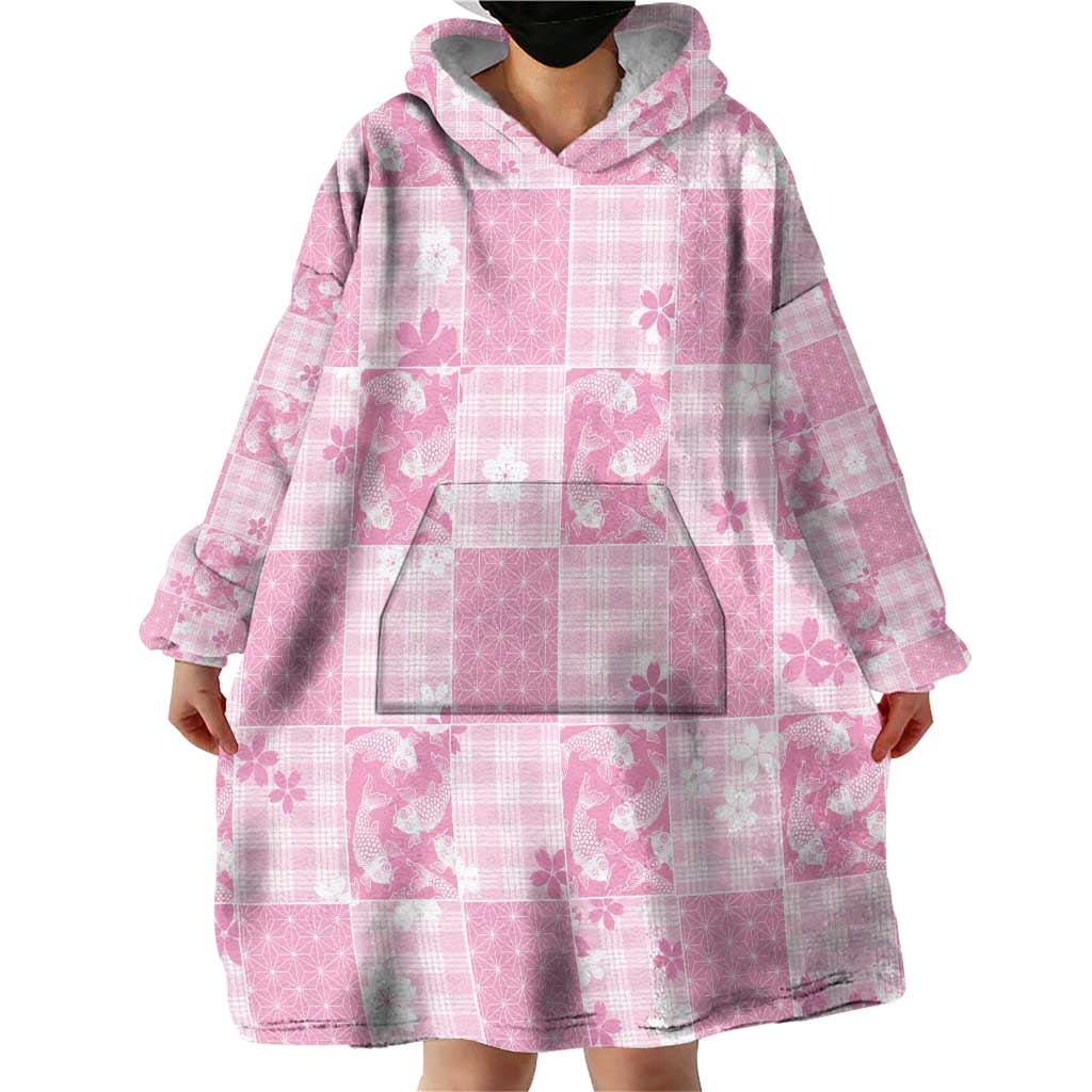 Pink Palaka Japanese Patterns Wearable Blanket Hoodie Koi Fish Asanoha Sakura Patchwork Stylized LT14 - Polynesian Pride