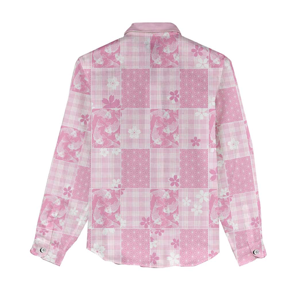 Pink Palaka Japanese Patterns Women Casual Shirt Koi Fish Asanoha Sakura Patchwork Stylized - Polynesian Pride