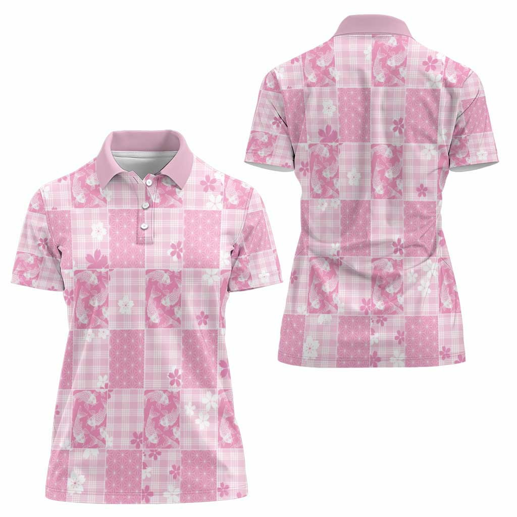 Pink Palaka Japanese Patterns Women Polo Shirt Koi Fish Asanoha Sakura Patchwork Stylized - Polynesian Pride