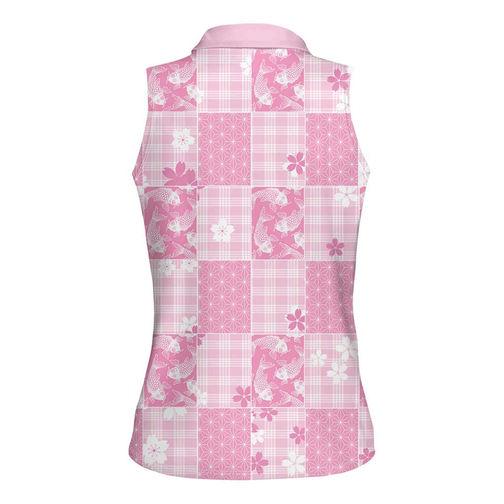 Pink Palaka Japanese Patterns Women Sleeveless Polo Shirt Koi Fish Asanoha Sakura Patchwork Stylized LT14 - Polynesian Pride