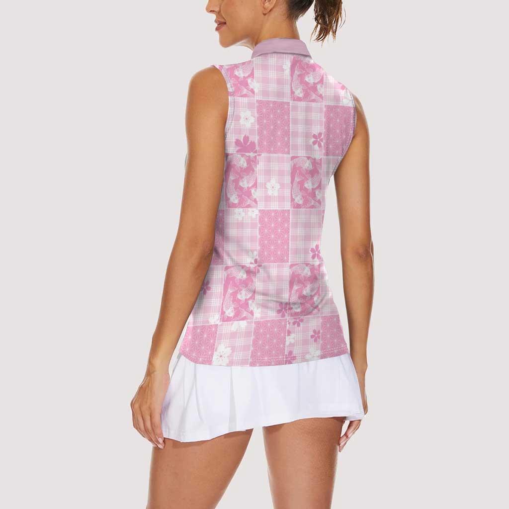 Pink Palaka Japanese Patterns Women Sleeveless Polo Shirt Koi Fish Asanoha Sakura Patchwork Stylized LT14 - Polynesian Pride
