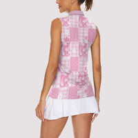 Pink Palaka Japanese Patterns Women Sleeveless Polo Shirt Koi Fish Asanoha Sakura Patchwork Stylized LT14 - Polynesian Pride