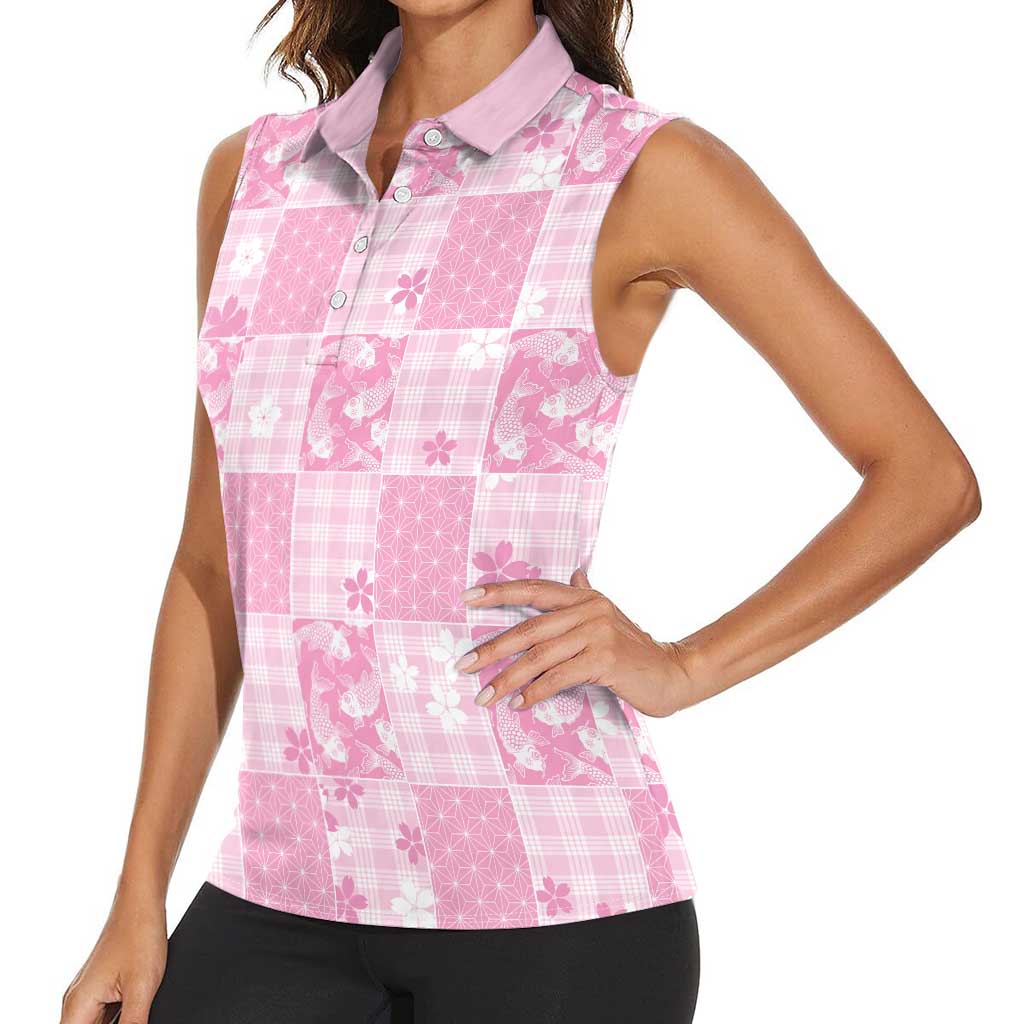 Pink Palaka Japanese Patterns Women Sleeveless Polo Shirt Koi Fish Asanoha Sakura Patchwork Stylized LT14 - Polynesian Pride