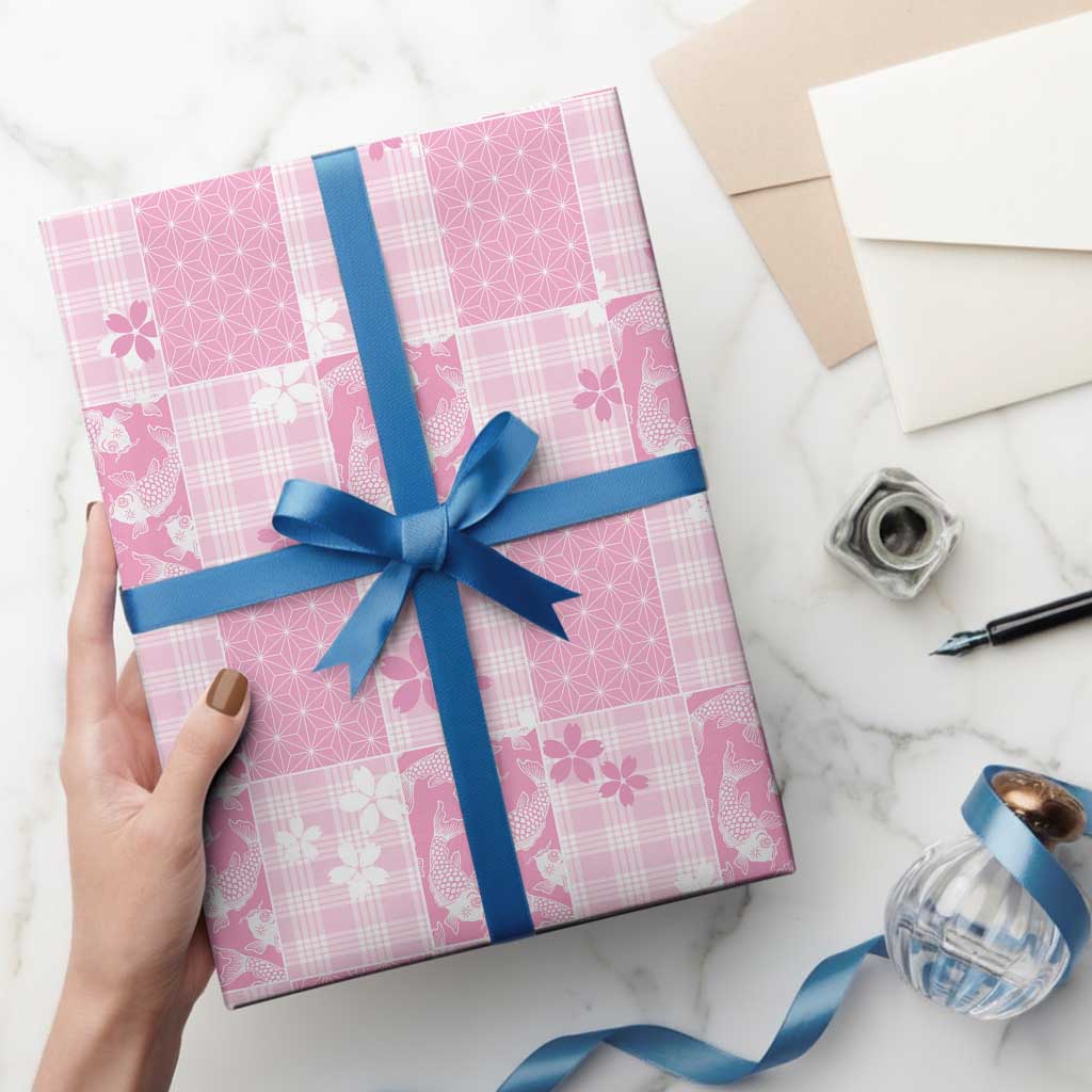 Pink Palaka Japanese Patterns Wrapping Paper Koi Fish Asanoha Sakura Patchwork Stylized - Polynesian Pride