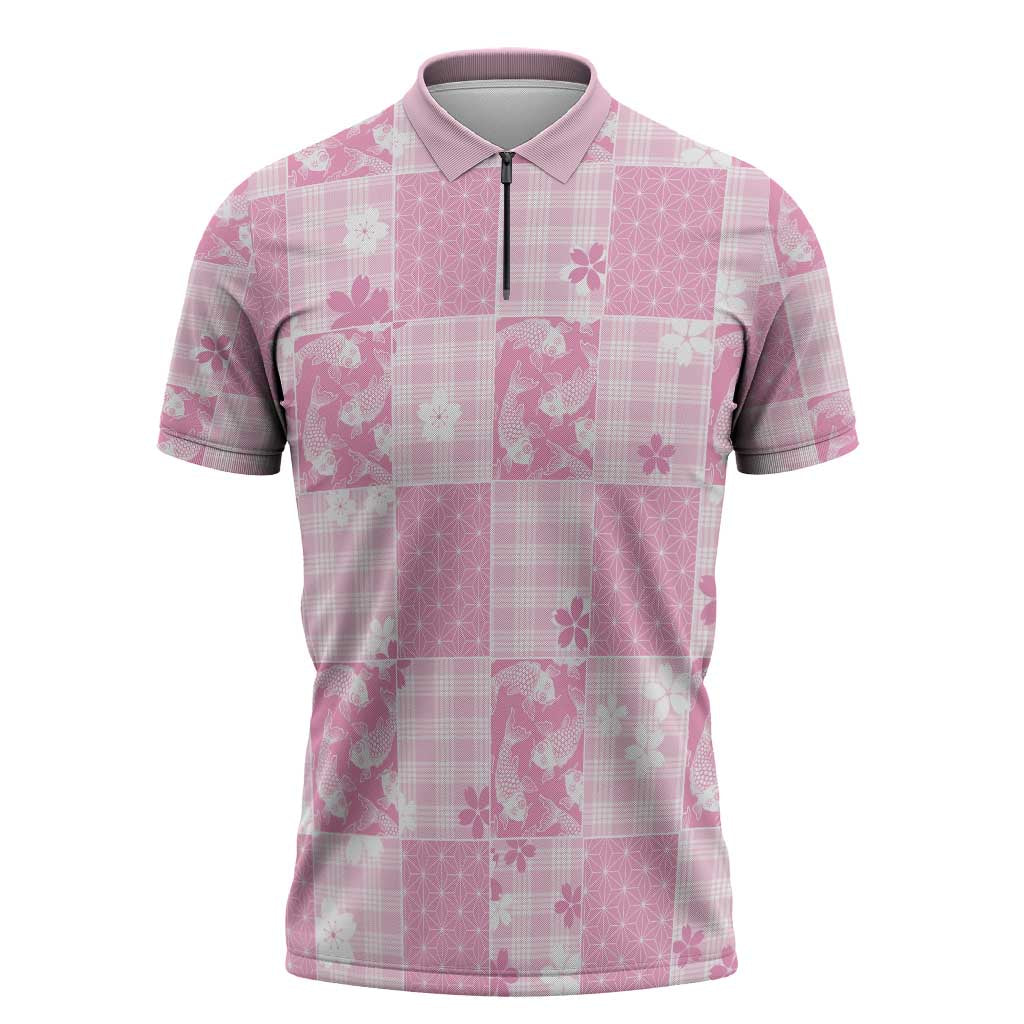 Pink Palaka Japanese Patterns Zipper Polo Shirt Koi Fish Asanoha Sakura Patchwork Stylized LT14 Pink - Polynesian Pride