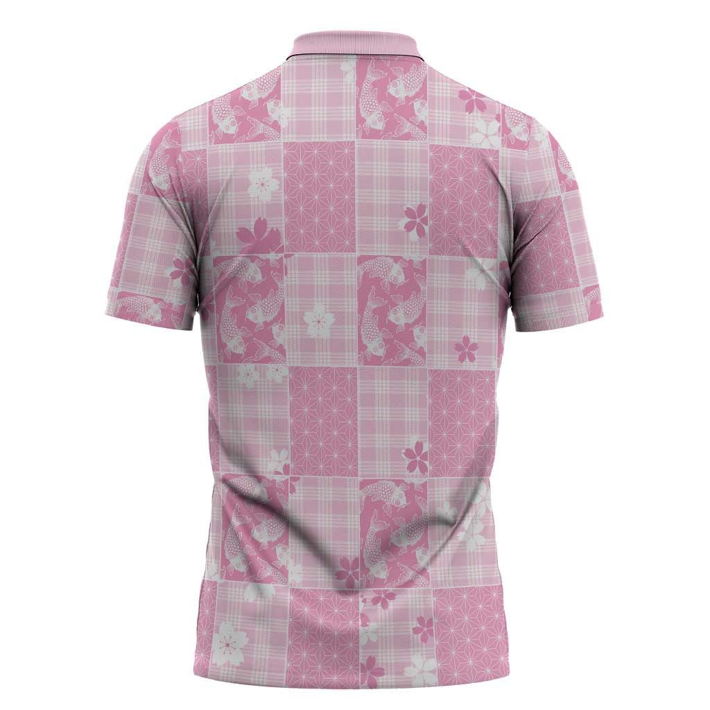 Pink Palaka Japanese Patterns Zipper Polo Shirt Koi Fish Asanoha Sakura Patchwork Stylized LT14 - Polynesian Pride
